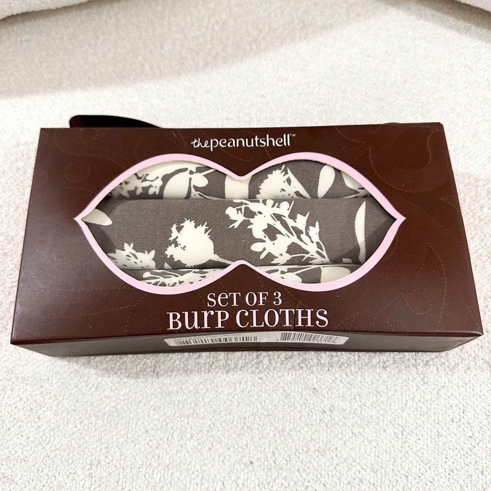 NEW The Peanut Shell Set of 3 Burp Cloths Baby Brown Neutral Botanical Floral